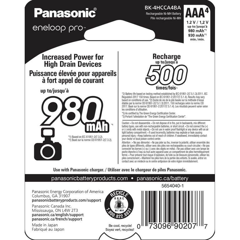 Panasonic Eneloop BK-4MCCA4BA Pre-Charged Nickel Metal Hydride AAA  Rechargeable Batteries, 4-Battery Pack