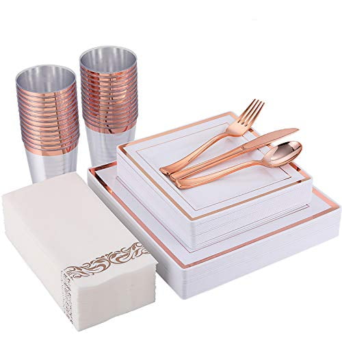 25 Napkins VNSG Rose Gold Plastic Plate Set┃175pcs for 25 Guests┃Rose Gold Party Plates┃25 Dinner Plates 25 Forks 25 Cups 10oz 25 Knives 25 Spoons 25 Dessert Plates Wings Rose Gold 