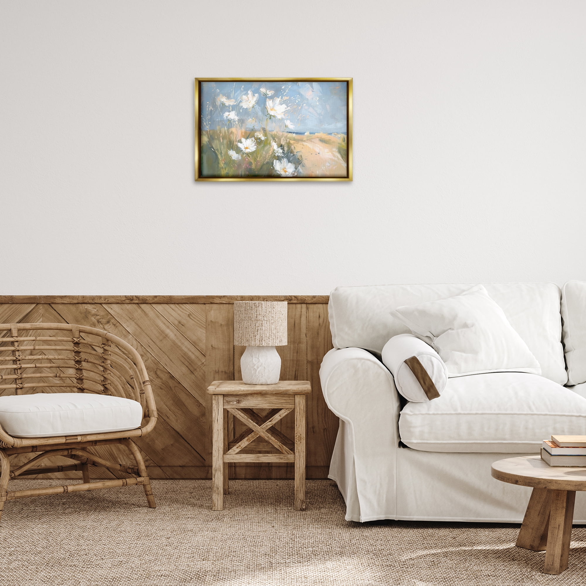 Stupell Industries Seaside Wildflowers Scenery Botanical & Floral Painting Gold Floater Framed Canvas Art Print Wall Art, 25 x 17