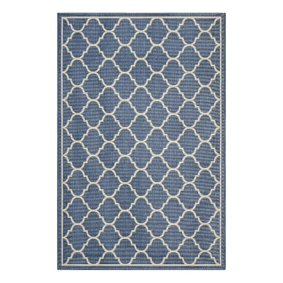 Pemberly Row 94.5x122" Moroccan Quatrefoil Trellis Fabric Area Rug in Blue/Beige