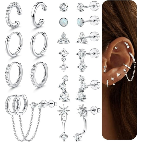 Small Stud Hoop Earrings for Women Hypoallergenic 14K Gold Plated Surgical Stainless Steel Flat Back Earrings Dainty Hoop Stud Earring Stacks Cartilage Earring Set for Multiple Piercing