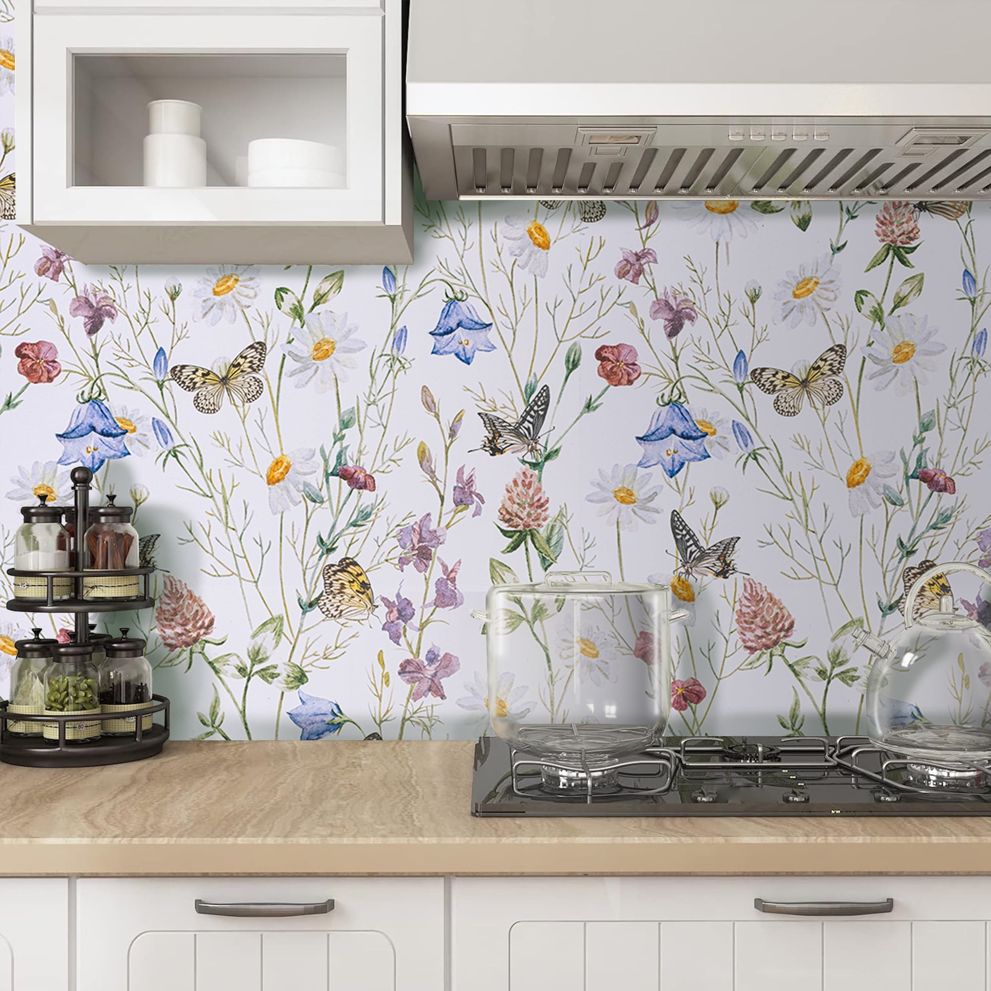 Abyssaly Floral Peel and Stick Wallpaper 17.3" × 393.7",Butterfly and Flower, White Removable Self-Adhesive Vinyl Wall Paper for Home Decor