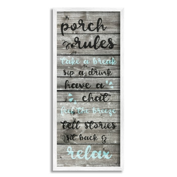 Stupell Industries Porch Rules Rustic Blue Sit Back and Relax Graphic Art White Framed Art Print Wall Art, 10x24, by Daphne Polselli