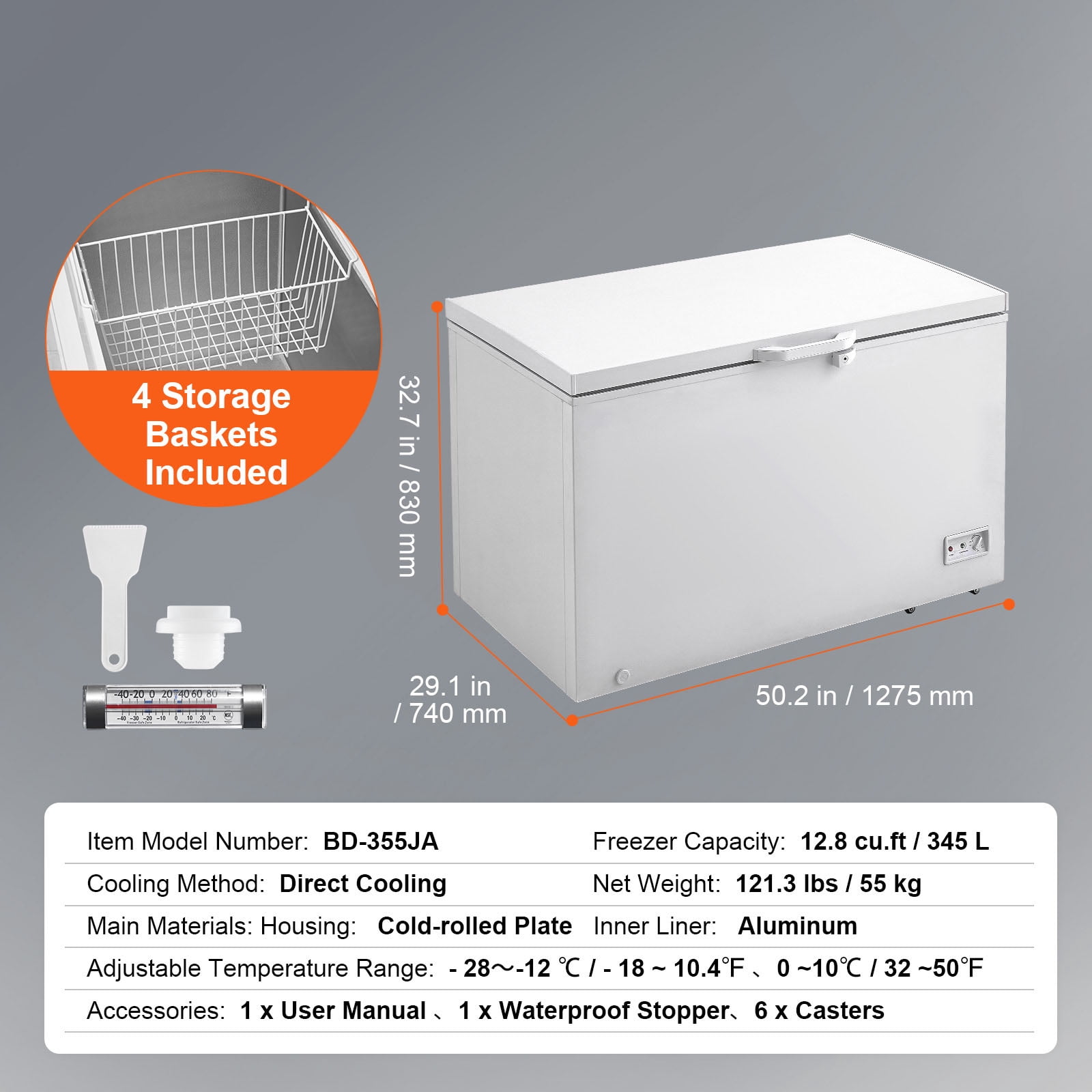 KFFKFF 12.8 Cu.ft / 345L Small Top-Open Chest Freezer 7-Speed​Temperature Control Removable Storage Basket, Freestanding 4 Detachable Baskets, 6 Casters