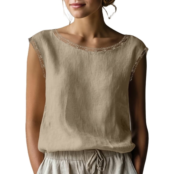 Sevevn Women's Lace Trim Sleeveless Tank Top Round Neck Casual Blouse Khaki 2XL