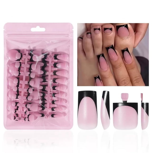 Set de uñas postizas NHIXK de 60 piezas con punta francesa negra, forma cuadrada