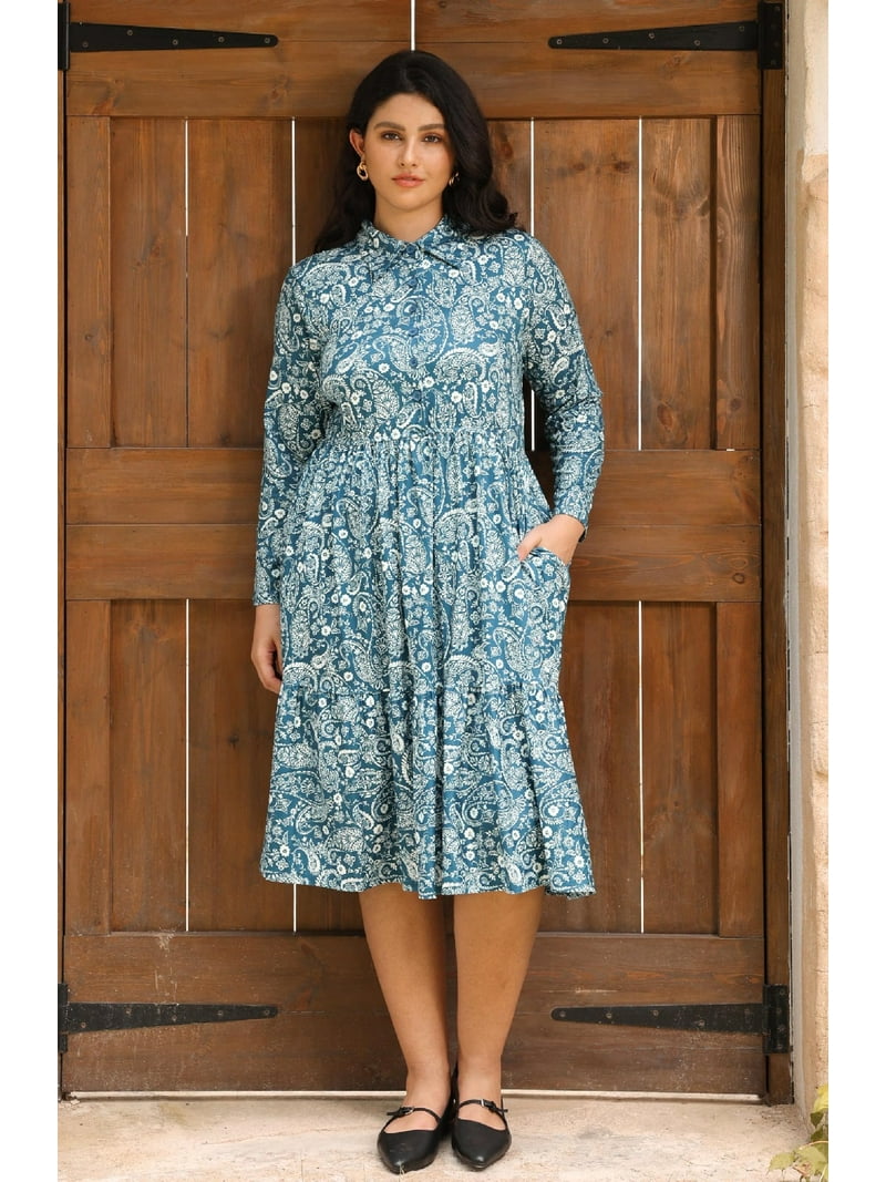 CASSIE LIZ Fall Dresses Plus Size For Womens 3X V Neck Floral Print Blue  Maxi Dress with Elastic Waist Curvy Silhouette with Pockets Winter Long  Sleeve Romantic Boho With Buttons Dress 3XL