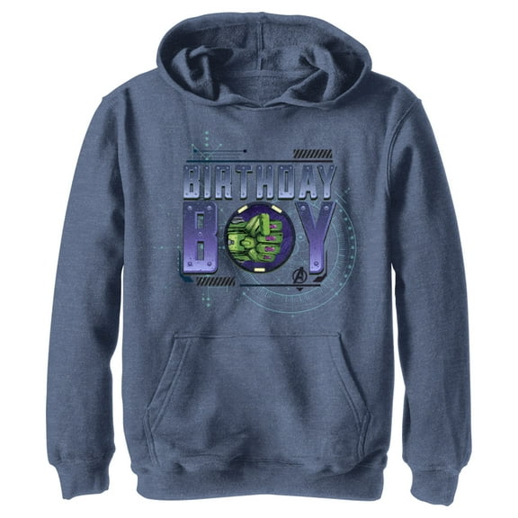 Boy's Marvel Birthday Boy Hulk Mech Suit Punch  Pull Over Hoodie Navy Blue Heather Medium