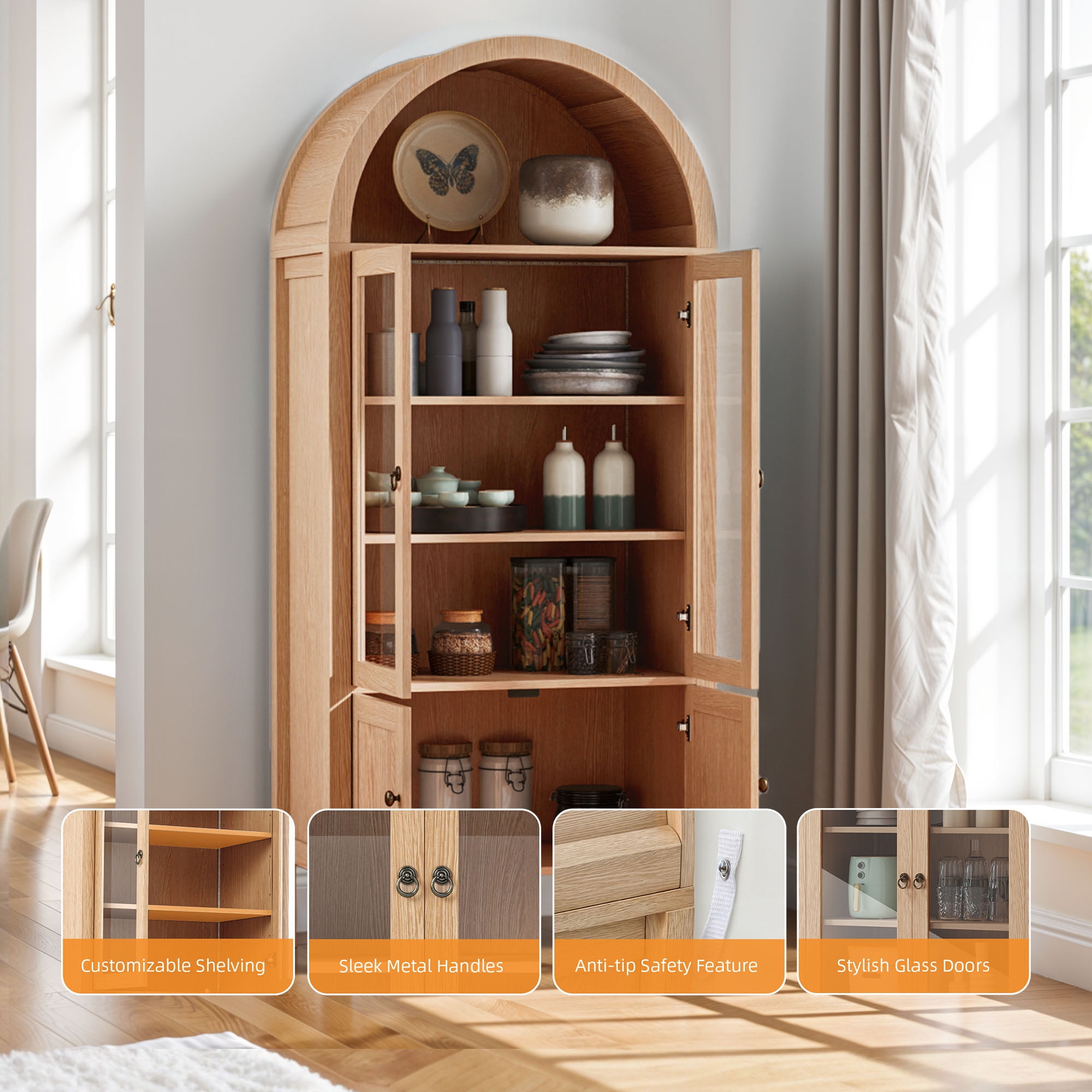 Craftian Arched Kitchen Pantry Storage Cabinet with LED Lights & Glass Doors, Display Cabinet, Natural