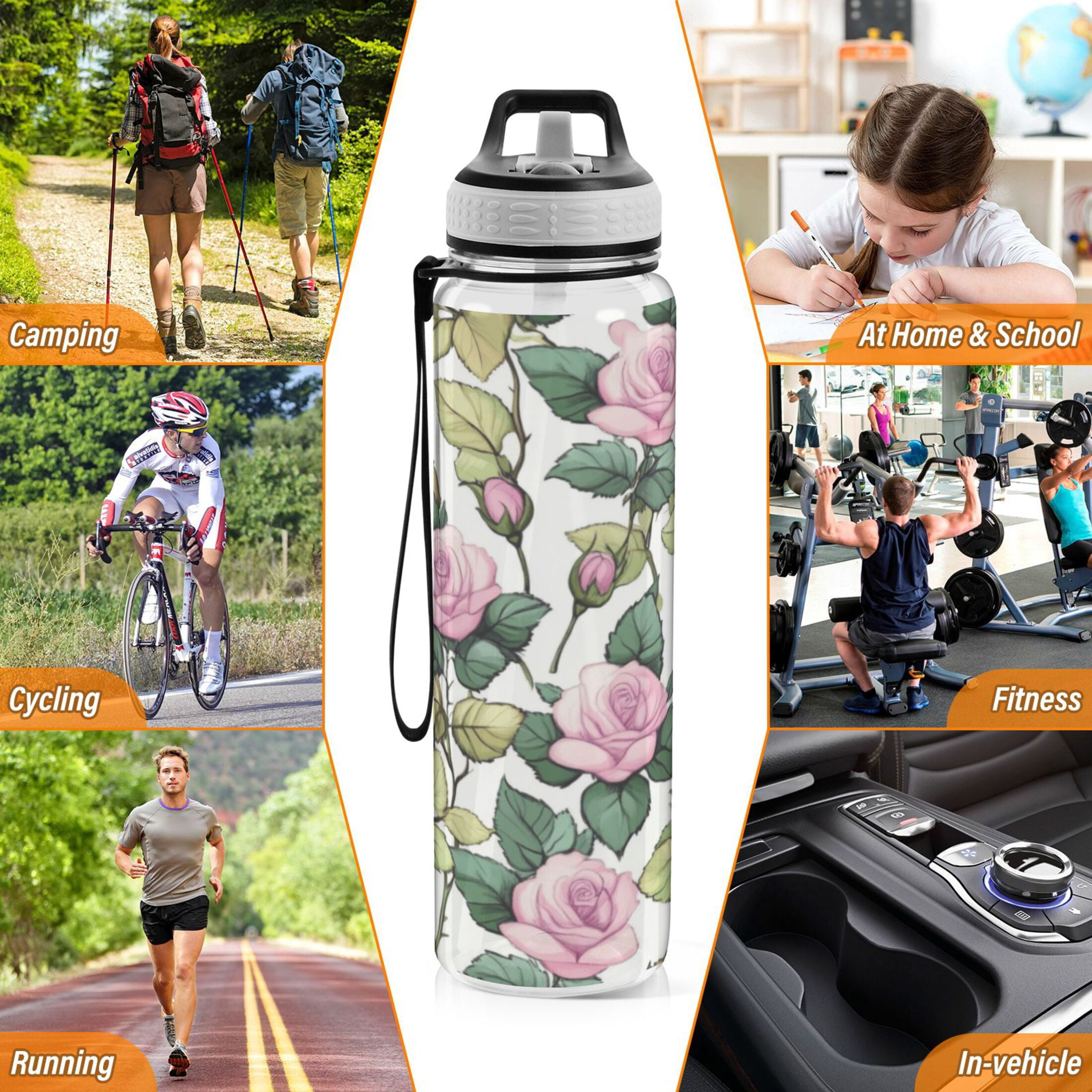 Qxltty Pink Roses Water Bottle 32 oz with Straw BPA Free Reusable Fitness Sport Bottle Perfect for Travel School Outdoors and Gym