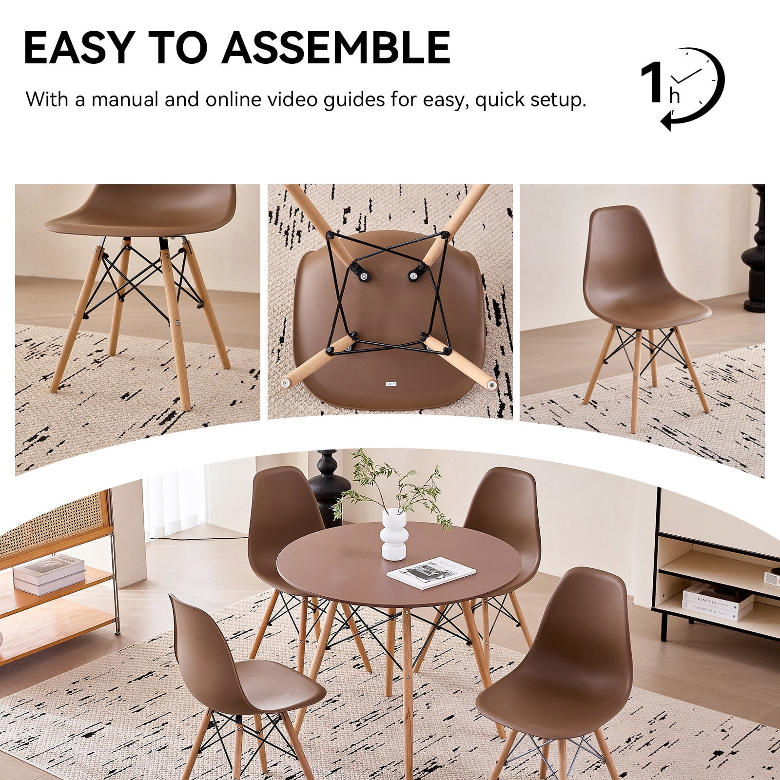 5 Piece 35.5'' Round Dining Table Set for 4, Kitchen Table & Chairs Set of 4, Mid-Century Modern Table W/ 4 Chairs for Home, Living Room, Apartment, Wood Legs, Metal Frame, Brown