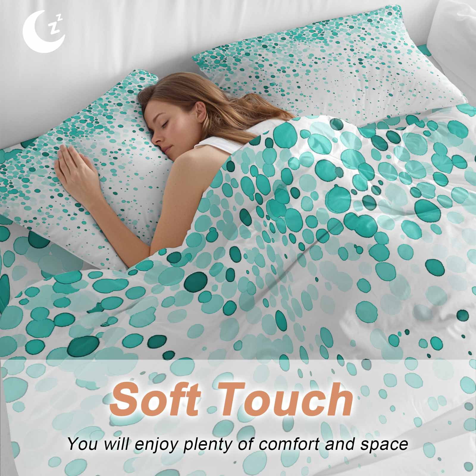 Teal Polka Dot Bedding Duvet Cover Set Queen Size 4 Pieces Watercolor Teal Gradient Abstract Modern Bedding Set with Zipper Closure, 1 Comforter Cover 90x92 Inches 1 Flat Sheet & 2 Pillow Cases