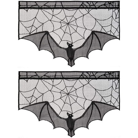 

FACI Halloween Black Lace Spiderweb- 2 Pcs Bat Curtain Window Valance Cobweb Tablecloth Shower Curtains Fireplace Mantels Scarf Cover for Home Door Kitchen Bathroom Festive Party 38*23 inch