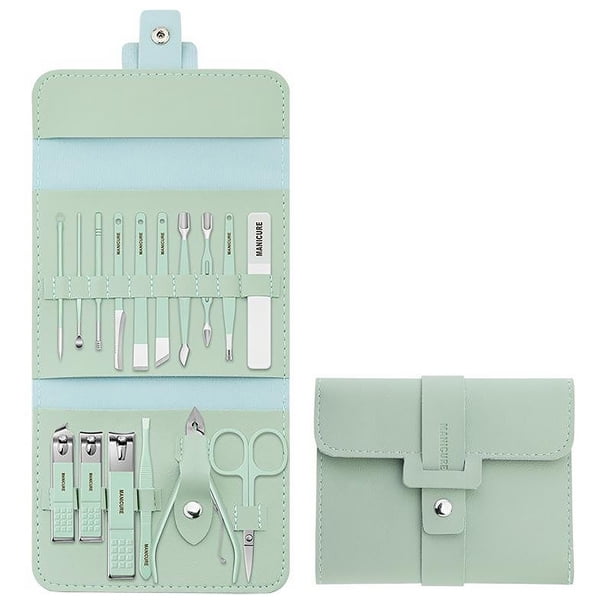 Kearding Juego de cortaúñas de 16 piezas con estuche de transporte Archivos de pedicura Tijeras Hombres Mujeres Suministros de manicura de uñas Kit de Almacenamiento y organización del hogar Verde Kearding HA011806-01