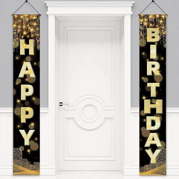 Happy Birthday Decorations Banner for Men, Women, Boys & Girls - Black & Gold Birthday Porch Sign & Party Supplies Background - 72 x 12 Inch