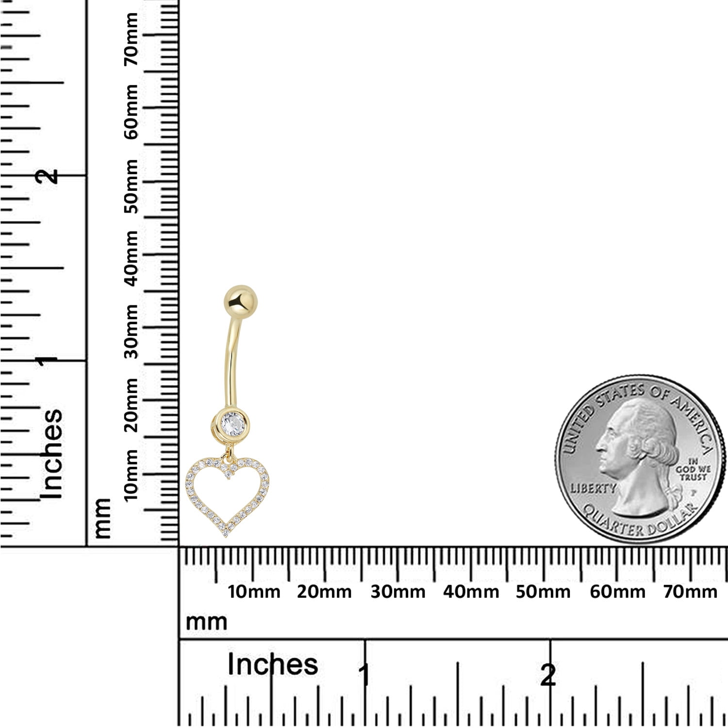 AVORA 10K Yellow Gold Simulated Diamond CZ Open Heart Dangling Belly Button Ring Body Jewelry (14 Gauge)
