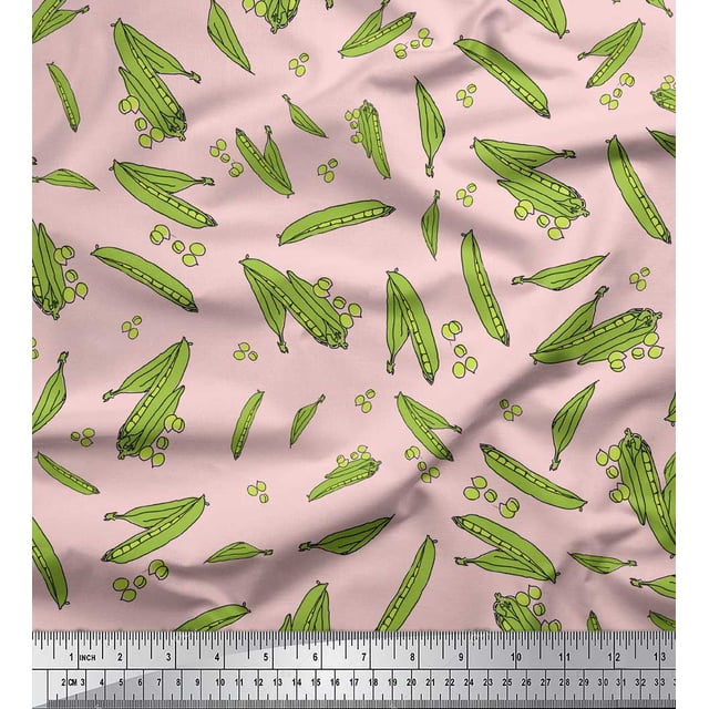 Soimoi Pink Poly Georgette Fabric Green Peas Vegetable Print Fabric by Yard 42 Inch Wide