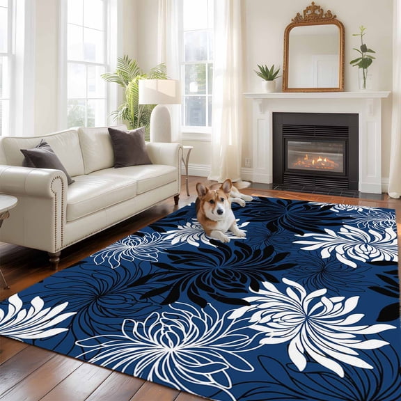 Blue Black Floral Large Area Rugs 8x10 ft Vintage Blue White Black Flower Washable Rug Non Slip Indoor Carpet Absorbent Floor Mat for Living Room Bedroom Dining Room