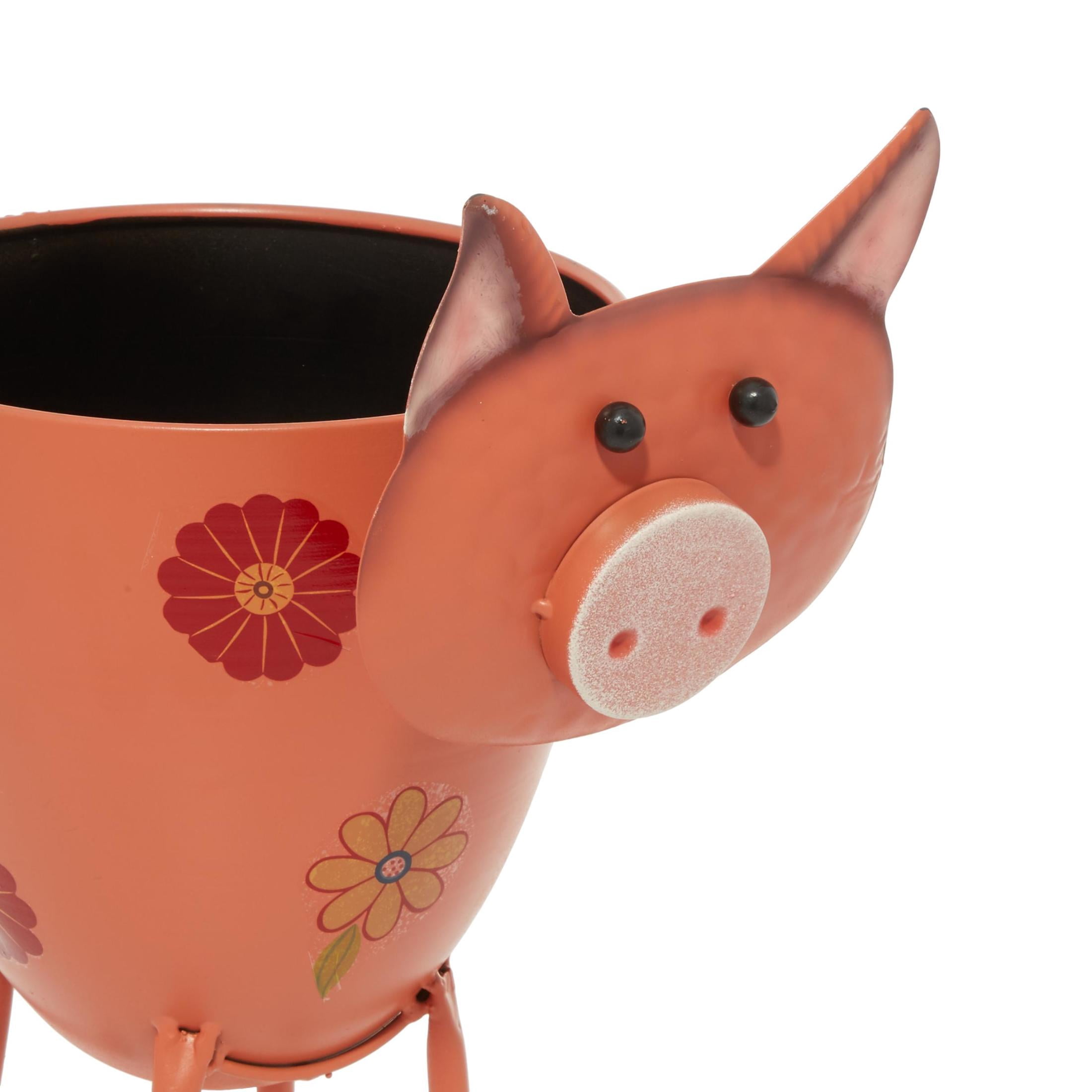 DecMode Pink Metal Pig Indoor Outdoor Planter with Floral Accents, 8" x 14" x 16"