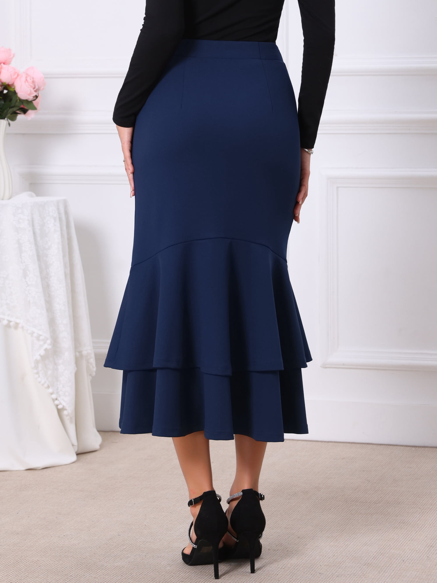 DARING DIVA Women's Ruffle Fishtail Skirt High Waist Bodycon Skirts S Dark Blue