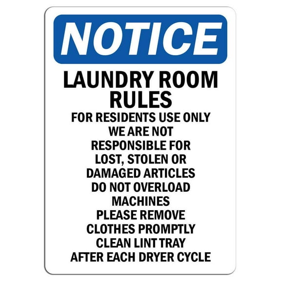 Vinyl Stickers - Notice - Laundry Room Rules for Residents Use Only Sign - Safety and Warning Warehouse Signs Stickers - 3.5" x 5" - 3 Pack