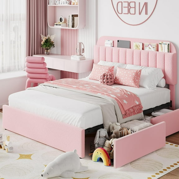 Full Bed Frame with 2 Flexible Drawers and Bookcase Headboard, Boucle Upholstered Platform Bed for Girls, Noise-Free, No Box Spring Needed, Pink