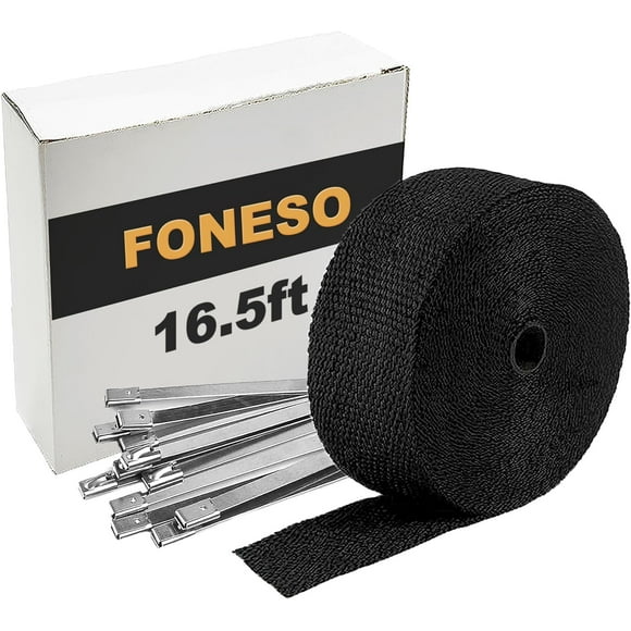 Black Exhaust Heat Wrap, Foneso 2'' x 16.5' Exhaust Header Wrap Tape Fiberglass Heat Shield Tape with 10pcs Stainless Steel Ties for Motorcycle Car Truck C33