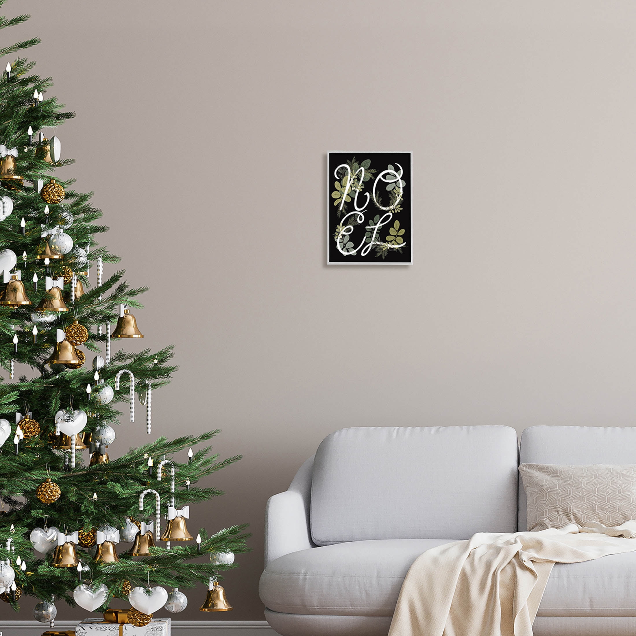 Noel Intertwined Botanical Leaves Holiday Graphic Art Gray Framed Art Print Wall Art