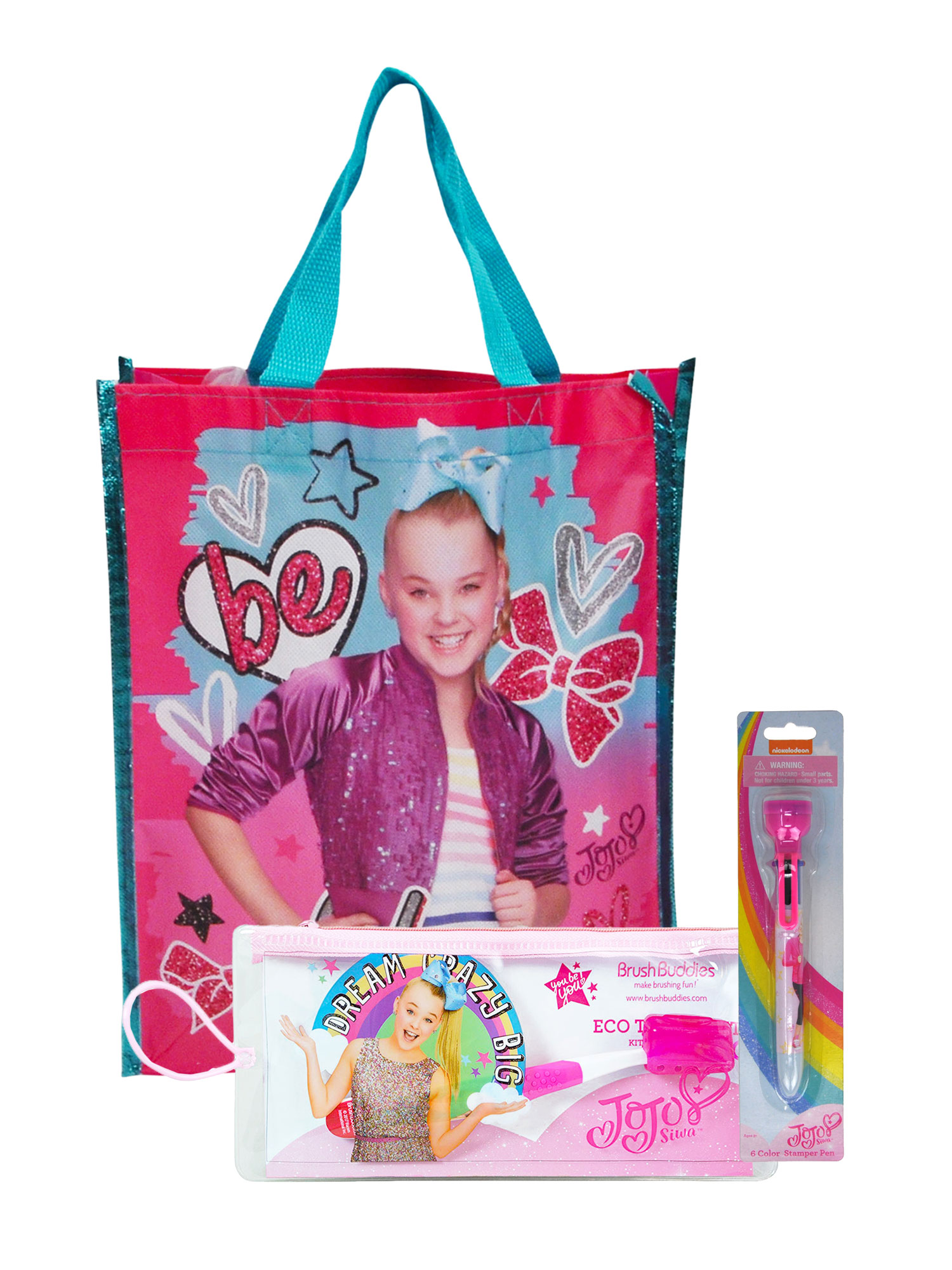 JoJo Siwa Jojo Siwa 12" Tote Bag & Zip Pouch Travel Kit & 6in1 Stamper Pen 3Pcs Set