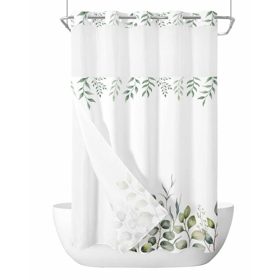 No Hook Cloth Fabric Shower Curtain with Snap in Liner, Sage Eucalyptus Waterproof Shower Curtains Set with See Through Top Window, Green Farmhouse Country Plant Botanical Bath Curtains 36"x78"