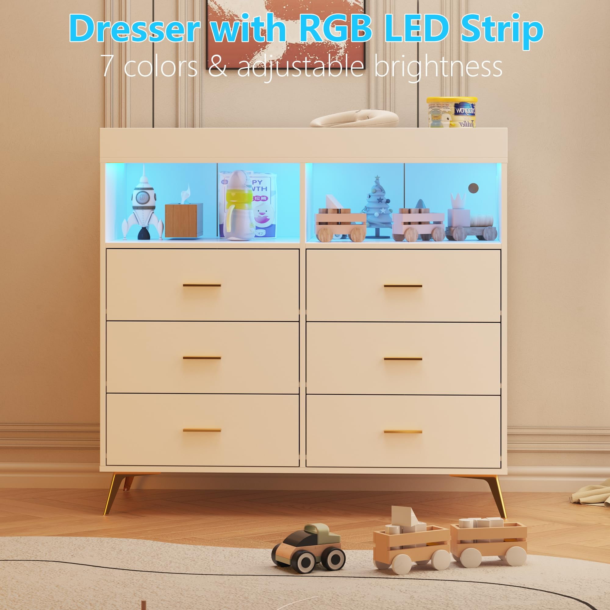 TROPOW Dresser for Bedroom with LED Lights and Power Outlet, Baby Changing Table Dresser with 6 Drawers, 2 Open Storage Shelves, Baby Dresser with Changing Table Top,White