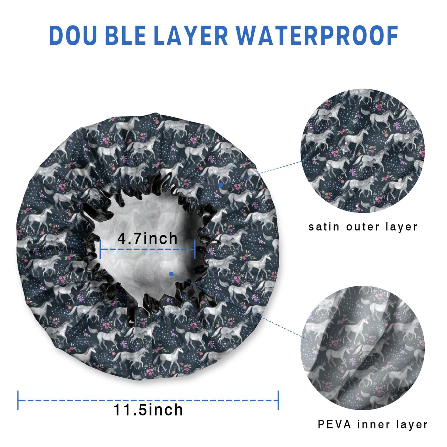 Shower Caps,Dark Blue Cartoon Horse Flower Pattern Waterproof Shower Cap for Women 4 Pieces,Double Reusable Hair Cover for Shower PEVA Elastic Stretch Hem