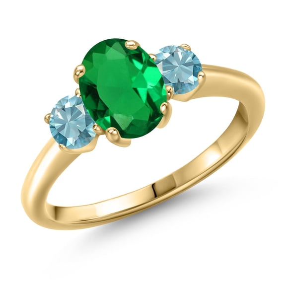 Gem Stone King 1.75 Ct Oval Green Nano Emerald Blue Zircon 18K Yellow Gold Plated Silver Ring (Size 8)
