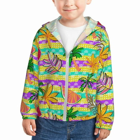 

Rash Guard for Boys Girls - Multicolored Tropical Lightweight Long Sleeve Sun Protection Jacket Hooded Cooling Swim Shirt with Zipper for Toddler Kids Children