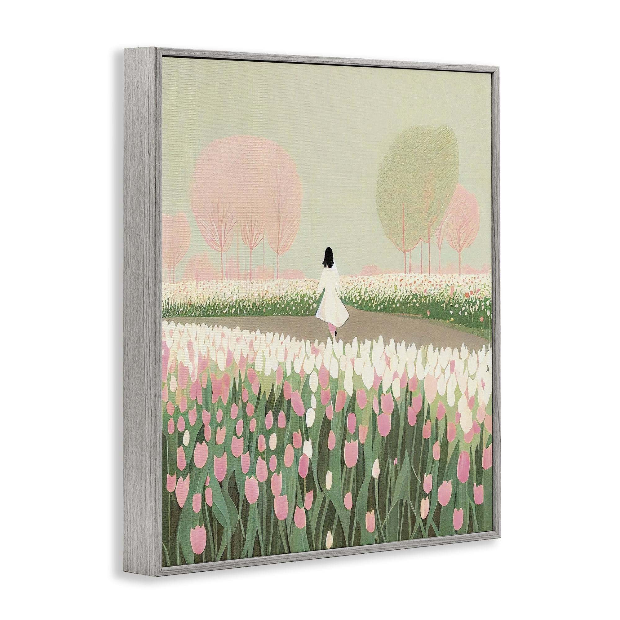 Stupell Industries Walking in Tulip Meadow Landscape Painting Gray Framed Art Print Wall Art, 16 x 20