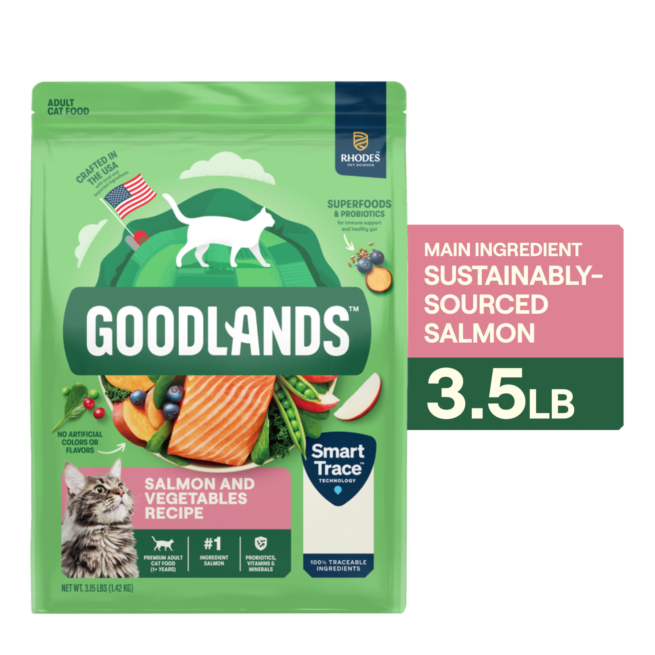 Goodlands Salmon & Vegetables Flavor, Dry Adult Cat Food with Probiotics, 3.15 lb Bag