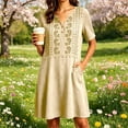 thumbnail image 2 of MaFYtyTPR Women's Short Sleeve Mini Dress Fashion Embroidered V-Neck Casual Linen Dress With Pockets For Summer Vacation Z-Beige L, 2 of 5
