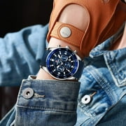 Men's VIP Luxury Chronograph Watch, blue dial, stainless steel case, silicone strap, water-resistant sports watch with date display, chronograph, luminous hands, stainless steel and silicone strap.