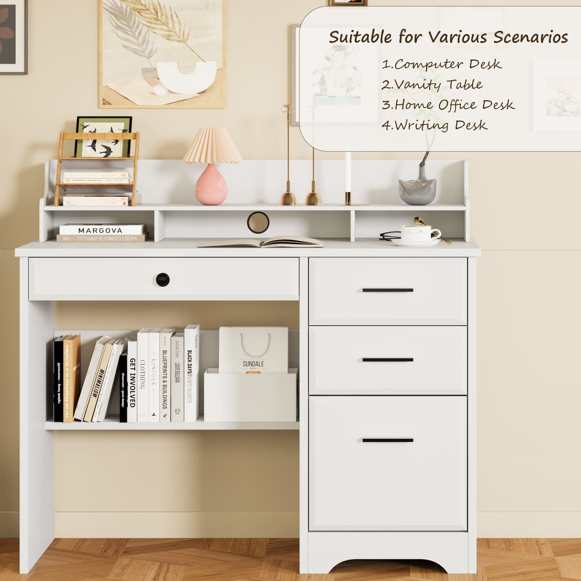 4 EVER WINNER White Home Office Computer Desk with 4 Drawers & Hutch, Modern Wood Study Writing Table for Bedroom, Home Office Furniture with Ample Storage Space