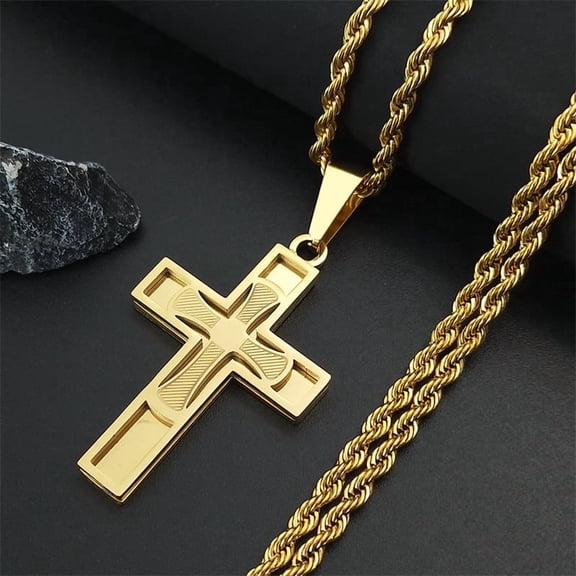 14K Yellow Gold Cross Necklace Men For Jesus Chain Pendant Protect Jewelry Religion Accessories Male