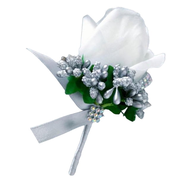 Broche de flores flores en rosas Muñeca Boutonniere Corsage, Accesorio de novia, Blanco y Gris Plata