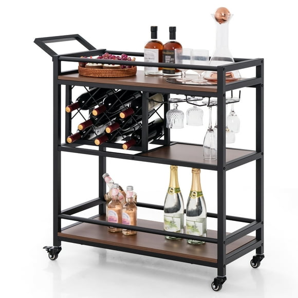 Costway 3-tier Bar Cart on Wheels Home Kitchen Serving Cart with Wine Rack & Glass Holder Brown