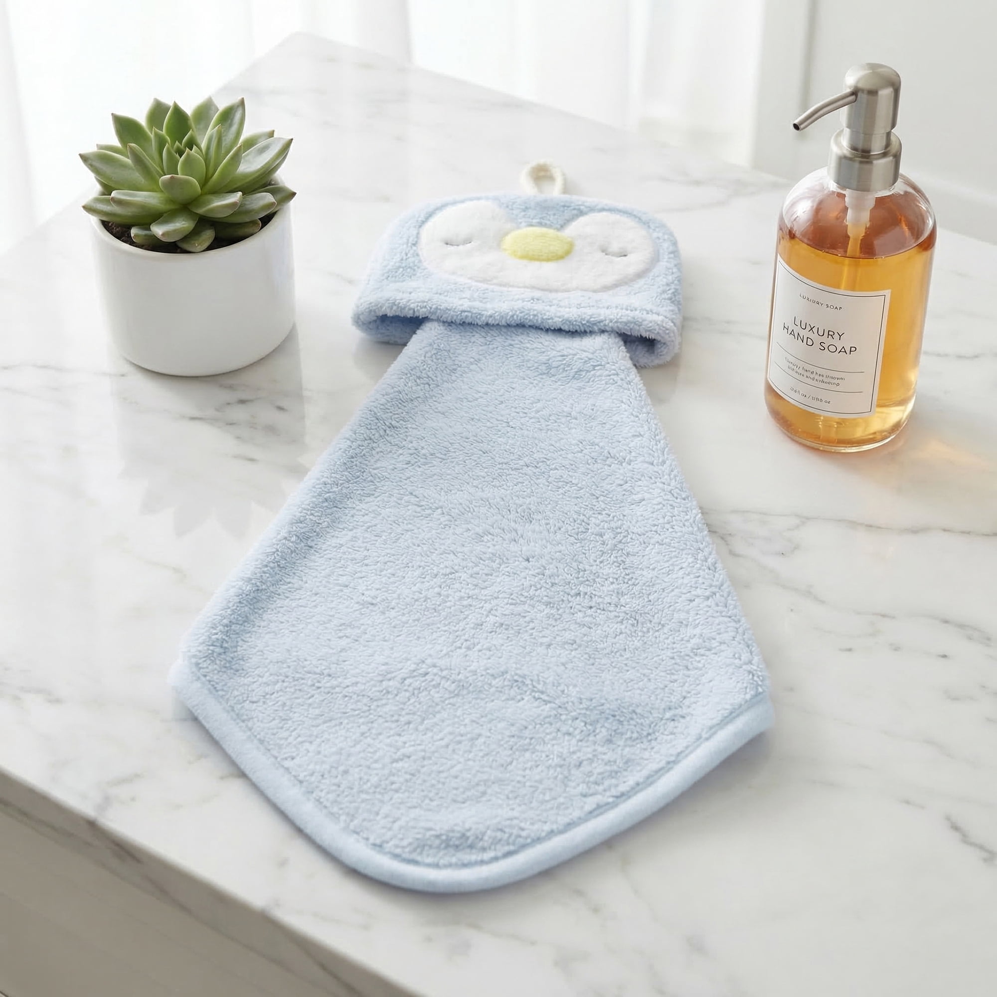 Unique Bargains Animal Hanging Soft Absorbent Hand Towel Blue Penguins/Grey Shiba 15" x 8"