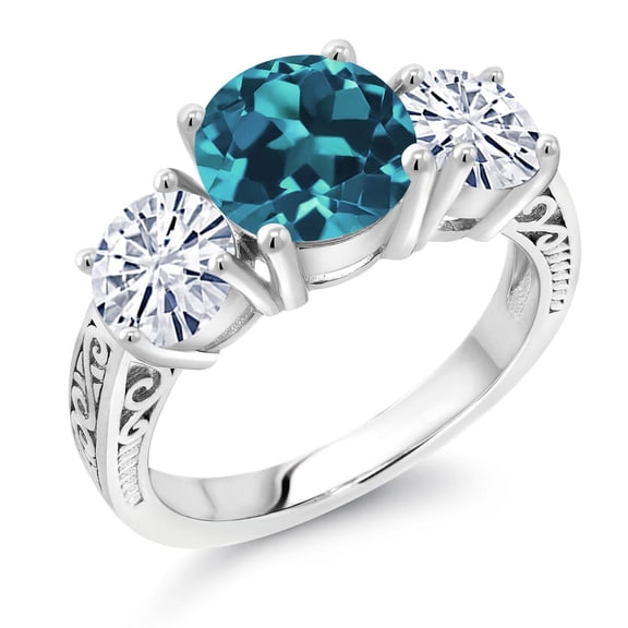 Gem Stone King 925 Sterling Silver London Blue Topaz and White Moissanite Engagement Ring for Women | 4.10 Cttw | Round 8MM | Gemstone November Birthstone | Size 7