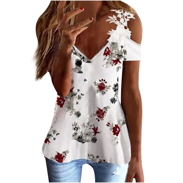 Mujeres Casual Adelgazante Draw Back Impreso Manga corta Cuello en V Encaje Hombro frío Tops OAVQHLG3B Store lin121212