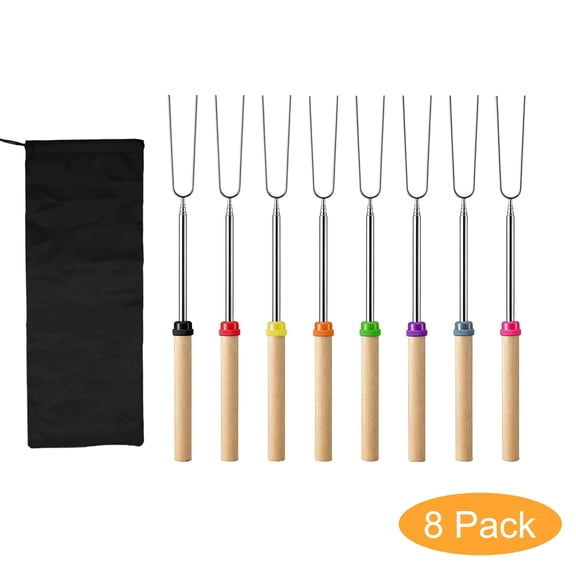 8 Pack Roasting Sticks, Extendable Skewers For Grilling Stainless Steel BBQ Forks with Wooden Handle & Storage Bag, Portable Camping Cookware for Hot Dog, Marshmallow