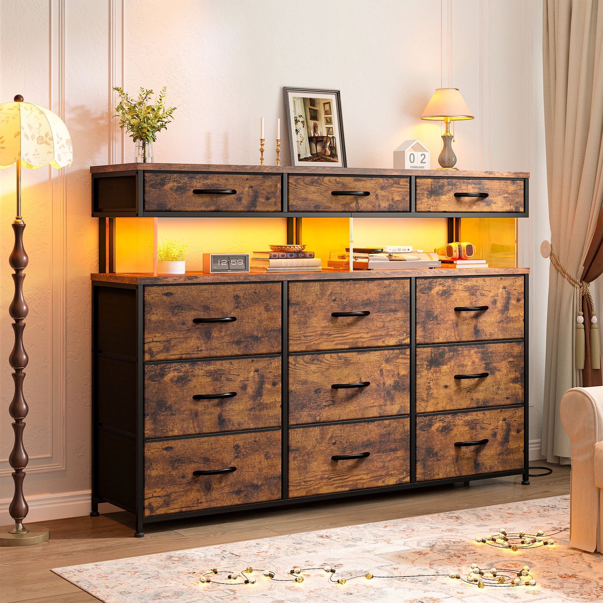 EnHomee Dresser for Bedroom with 12 Fabric Drawers Dresser with LED Lights and Charging Station Chest of Drawer for Entryway,Living Room,Closet,Rustic Brown