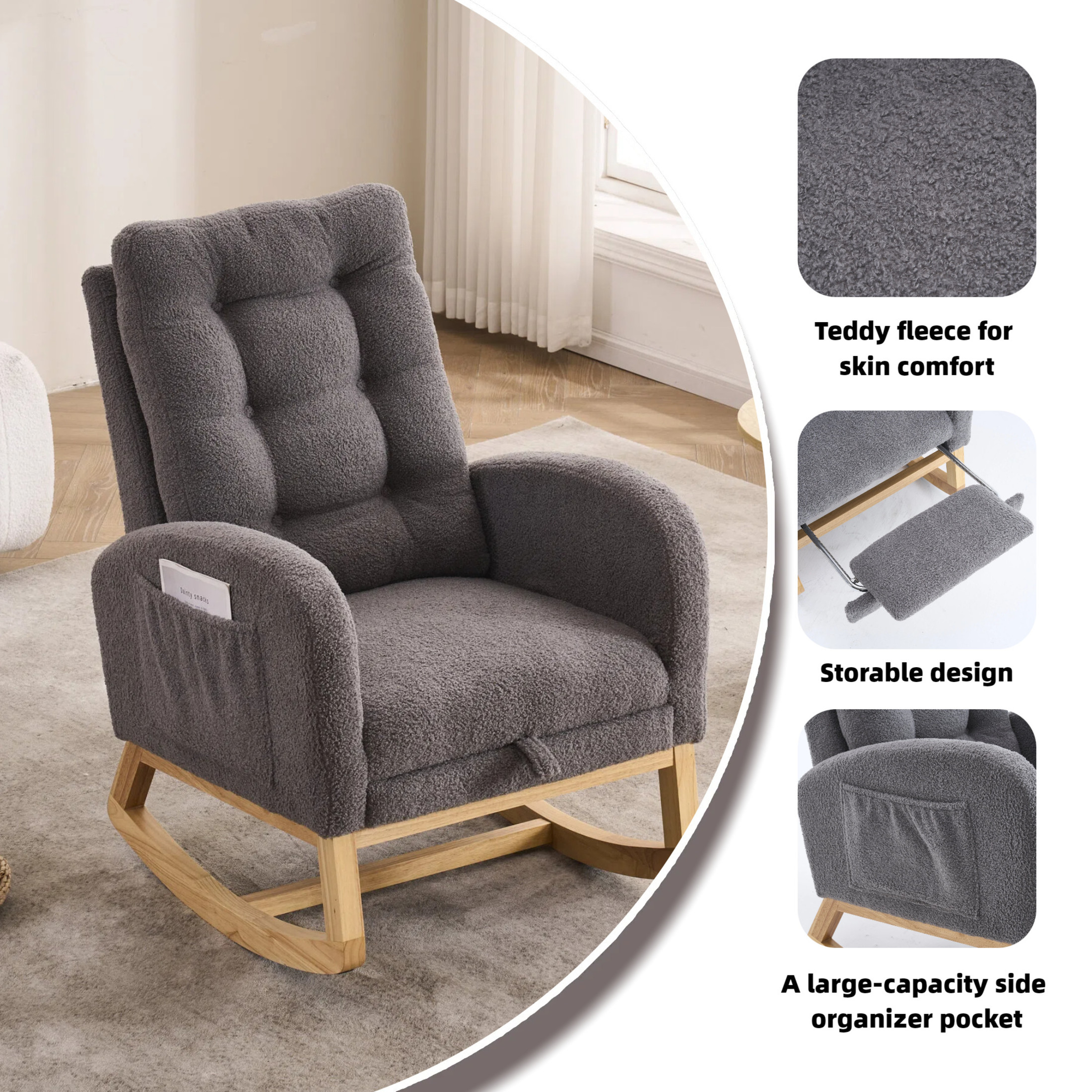 Noble House Byana Upholstered Accent Rocking Chair with Footrest, Rubber Wood High-Back Rocker Lounge Chair, Dark Gray