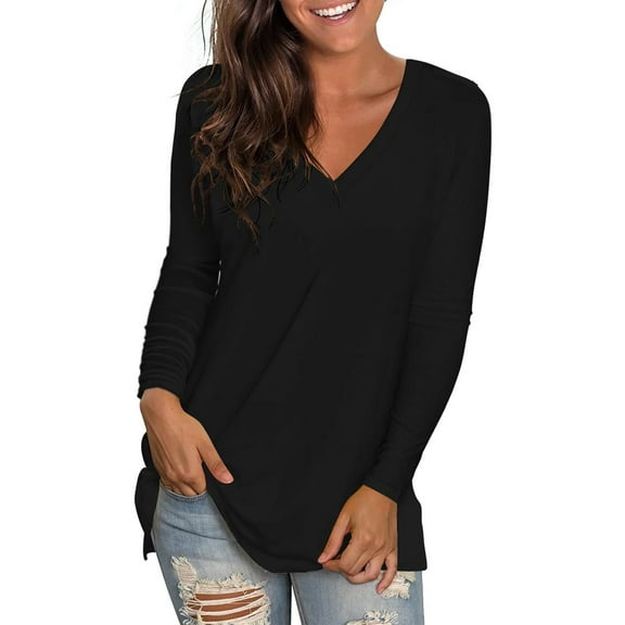TEMOFON Women Tunic tops Long Sleeve fall Tops Comfy V Neck Basic Shirts Solid Color T Shirt Loose Casual Fall Blouse Black Tee black