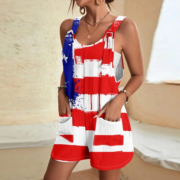 Women's Jumpsuit Short for Independence Day Adjustable Short Overalls Loose Wide-Leg Jumpsuit with Pockets Beach Summer Clothing